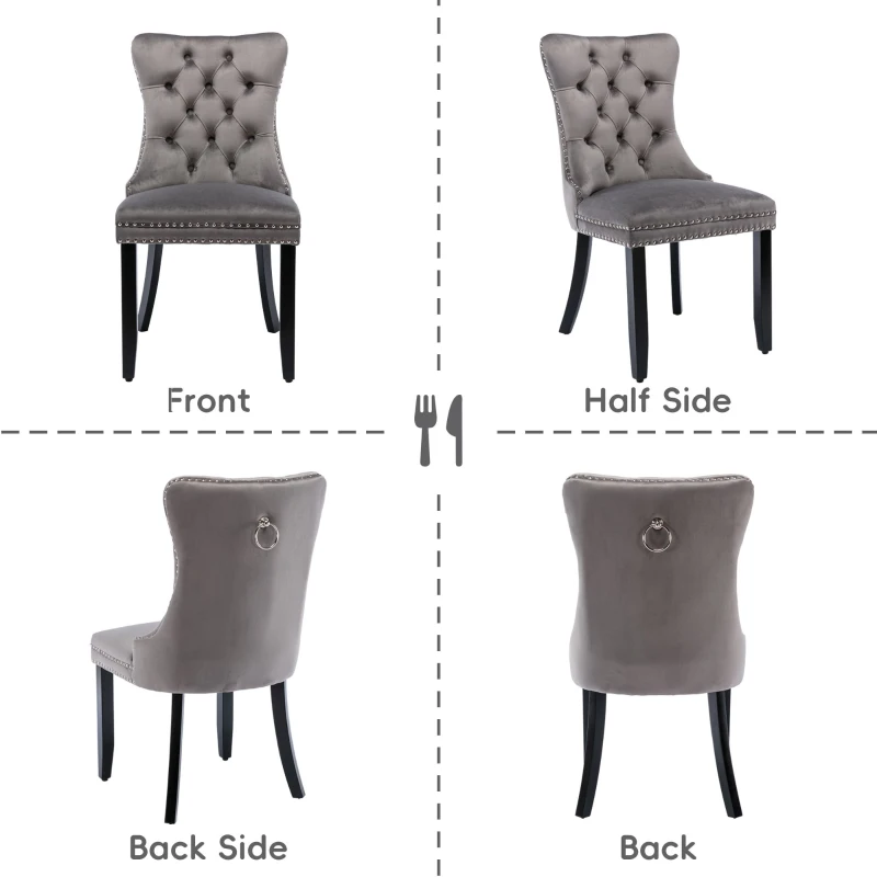 Set of 4 Modern Upholstered Velvet Dining Chairs with Solid Wood Legs and Tufted Backrest, 51L x 63.5W x 98H cm, Grey