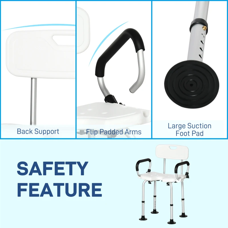 HOMCOM Height Adjustable Shower Stool for the Elderly and Disabled with Back, Shower Chair with Flipped Padded Arms and Suction Foot Pads, White