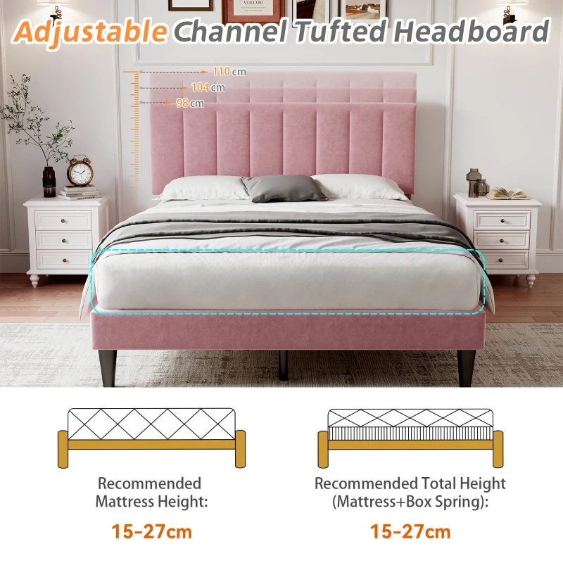 Double Upholstered Velvet Bedstead with Adjustable Tufted Headboard, Solid Wood Slats, Noise-Free Design, 194L x 140W x 110H cm, Pink