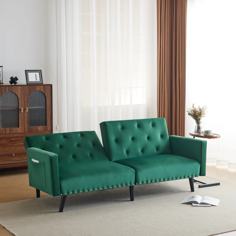Adjustable Velvet 2-Seater Sofa Bed with Storage Pockets, Removable Armrests, Button-Tufted Recliner Couch, 191L x 85W x 80H cm, Green