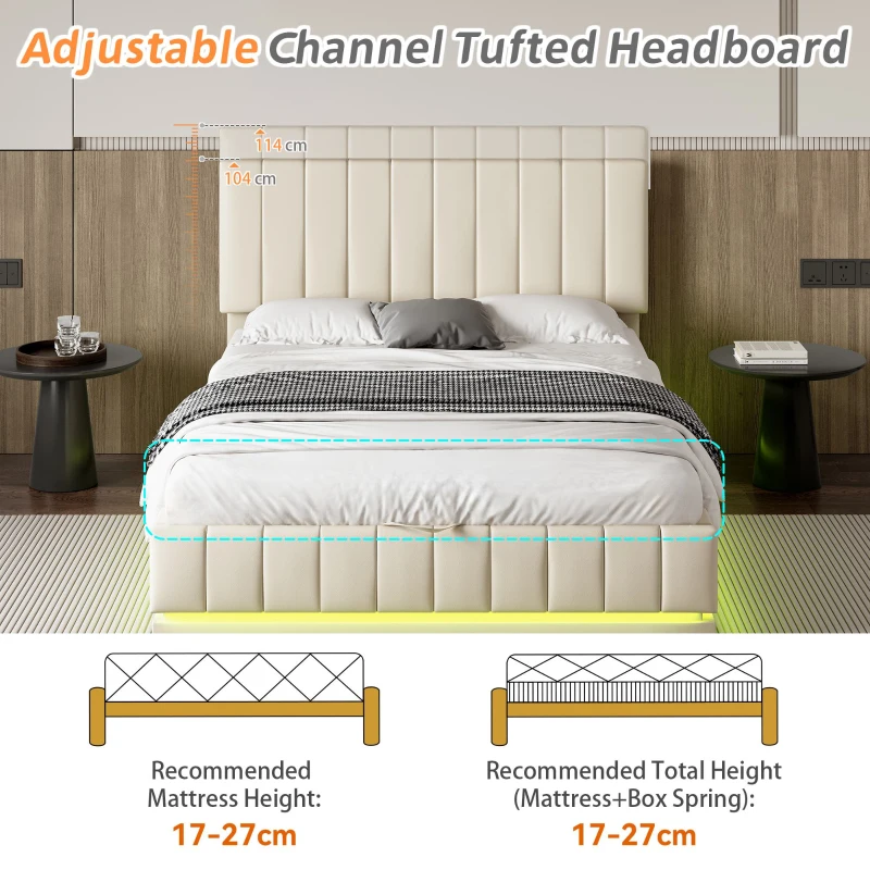 PU Leather Ottoman Bed Frame with LED Lighting, Hydraulic Storage and Channel Tufted Headboard, 201L x 147W x 114H cm, Beige