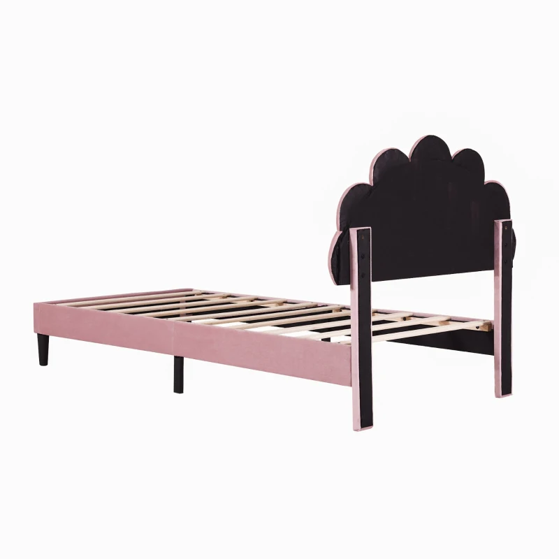 3FT Single Upholstered Velvet Bed Frame with Adjustable Petal Headboard, No Box Spring Needed, Easy Assembly, 194L x 107W x 107H cm, Pink