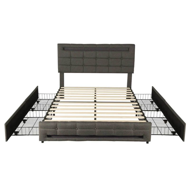 Double Upholstered Bed with LED Lighting and Storage Drawers, Adjustable Headboard, Easy Assembly, 198.5L x 143W x 107.5H cm, Grey