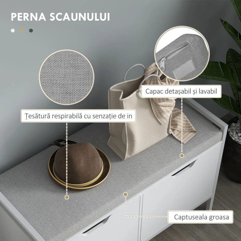 HOMCOM Banchetă Dulap pentru Pantofi cu 2 Compartimente și Pernă, Dulap Pantofi pentru Hol, 84x35x50 cm, Alb