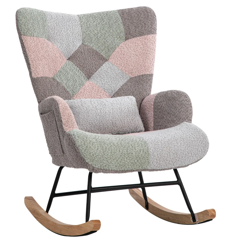 Fauteuil à bascule avec repose-pieds et coussin lombaire, cadre en bois d'hévéa, design ergonomique, 68x83x91 cm, Coloré