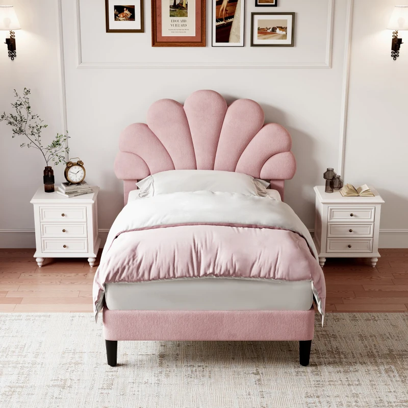 3FT Single Upholstered Velvet Bed Frame with Adjustable Petal Headboard, No Box Spring Needed, Easy Assembly, 194L x 107W x 107H cm, Pink