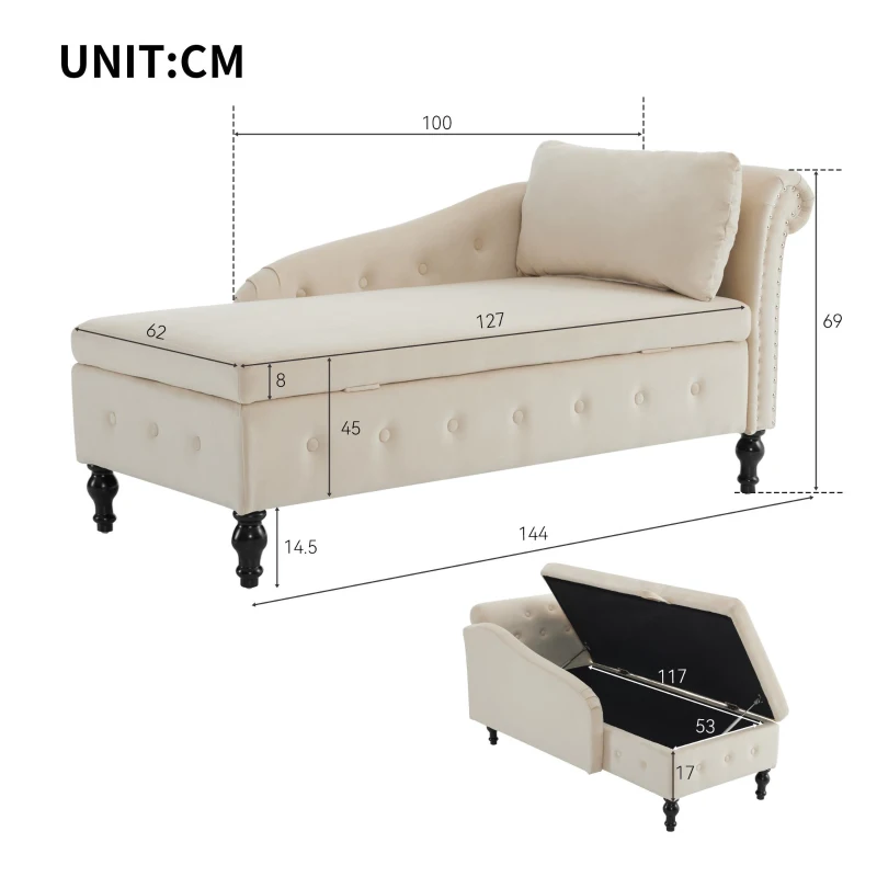 Luxious Designed Velvet Chaise Sofa Bed with Storage, Rectangle Cushion, Button-Tufted Lounge Chair for Bedroom, 144L x 62W x 69H cm, Beige