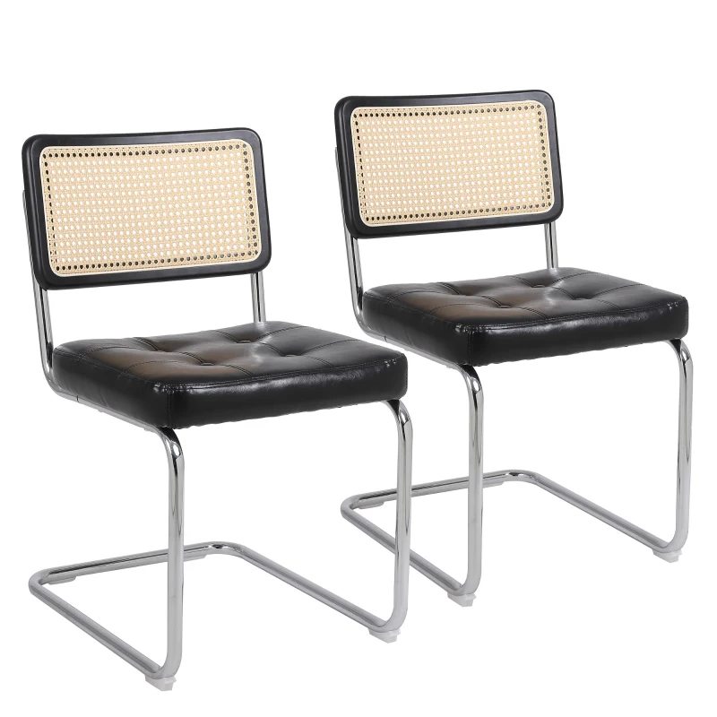 Lot de 2 chaises en rotin avec éléments rembourrés en similicuir, dossier en maille sans accoudoirs, pieds en métal chromé, Noir