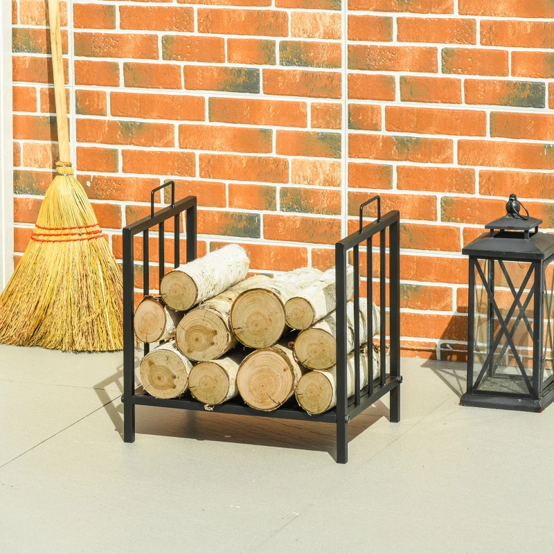 Outsunny Suport pentru Lemne din Metal, cu 2 Mânere și Bază Ridicată pentru 50kg de Lemne, 39x32.5x46 cm, Negru
