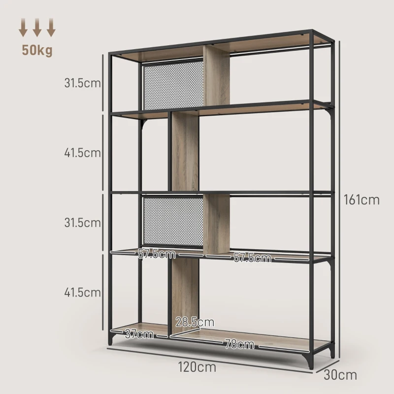 HOMCOM Etajeră Industrială cu 5 Niveluri și 2 Uși Culisante, Raft pentru Cărți din Lemn și Oțel, 120x30x161 cm, Gri