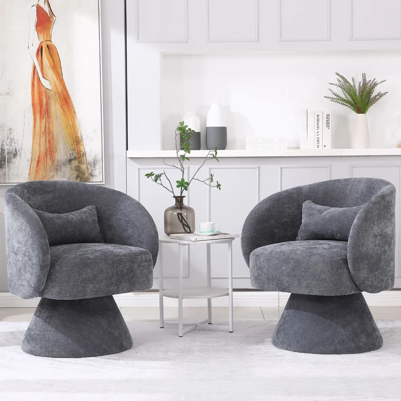 Chaises modernes de loisirs pour salon et chambre à coucher, pivotantes à 360°, tissu en polyblend doux, lot de 2, Gris