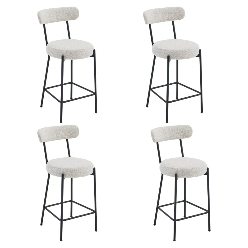 Set of 4 Upholstered Boucle Chairs with Curved Back and Steel Legs, Bar Stools for Kitchen, Dining Room, 41.5L x 48W x 92H cm, Cream White