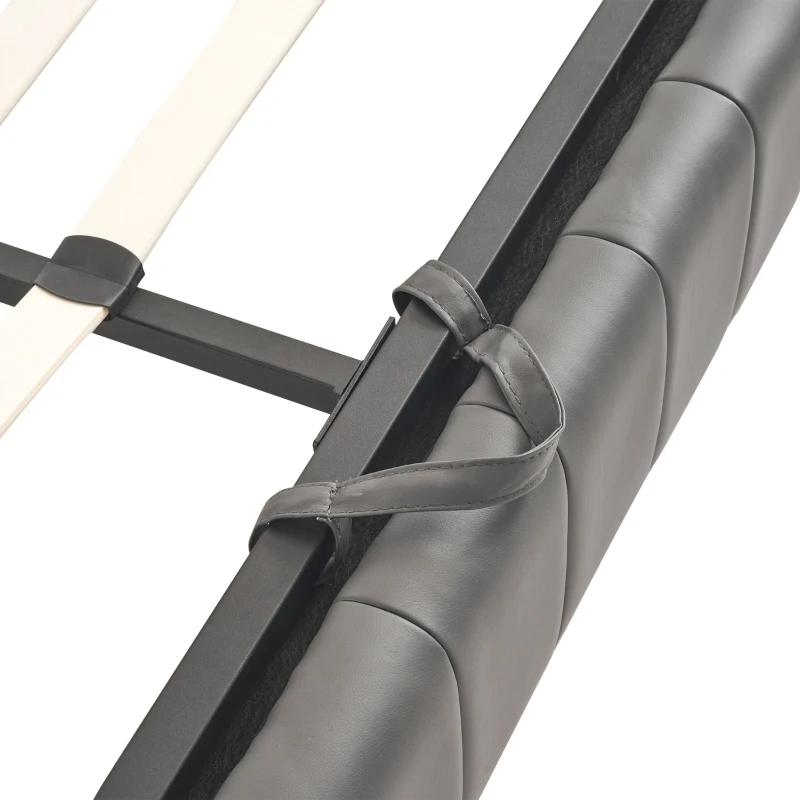 Upholstered Double Bed with Storage, LED Lighting, Channel Tufted Headboard, Modern PU Leather Ottoman Bed, 201L x 147W x 114H cm, Grey