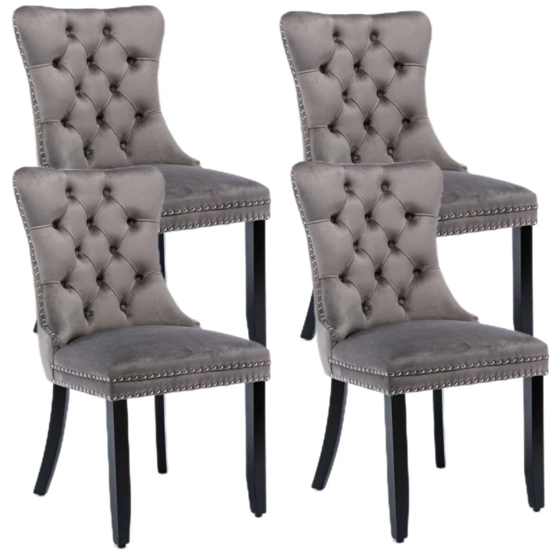 Set of 4 Modern Upholstered Velvet Dining Chairs with Solid Wood Legs and Tufted Backrest, 51L x 63.5W x 98H cm, Grey