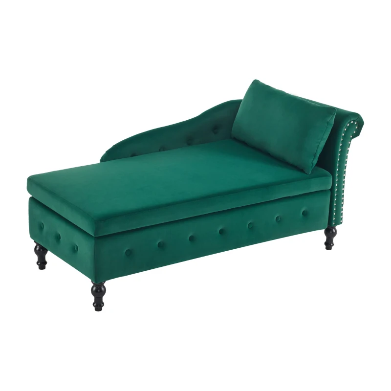 Velvet Upholstered Lounger Sofa with Storage, Pillow, Nailhead-Trim, Button-Tufted Lounge Chair, 144L x 62W x 69H cm, Green