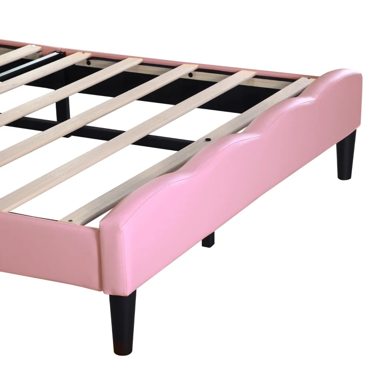 Button-Tufted High Headboard Bed with Solid Wood Slat, Pink Double Bed for Bedroom, Easy Assembly, 199.5L x 139W x 110H cm, Beige+Pink