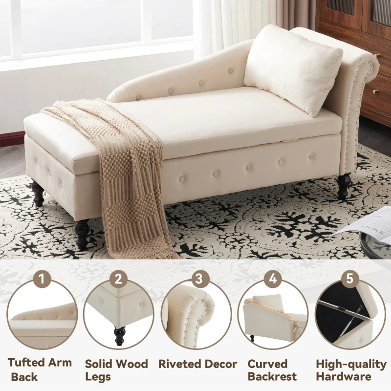 Luxious Designed Velvet Chaise Sofa Bed with Storage, Rectangle Cushion, Button-Tufted Lounge Chair for Bedroom, 144L x 62W x 69H cm, Beige