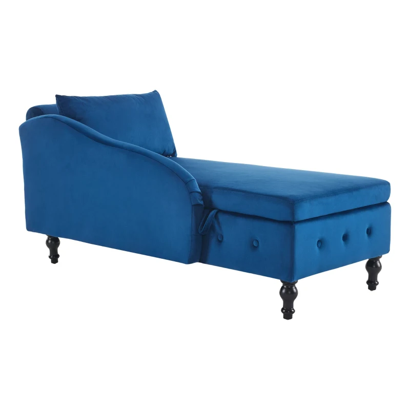 Velvet Upholstered Chaise Sofa Bed with Storage, Pillow, Nailhead-Trim, Button-Tufted Lounge Chair, 144L x 62W x 69H cm, Blue