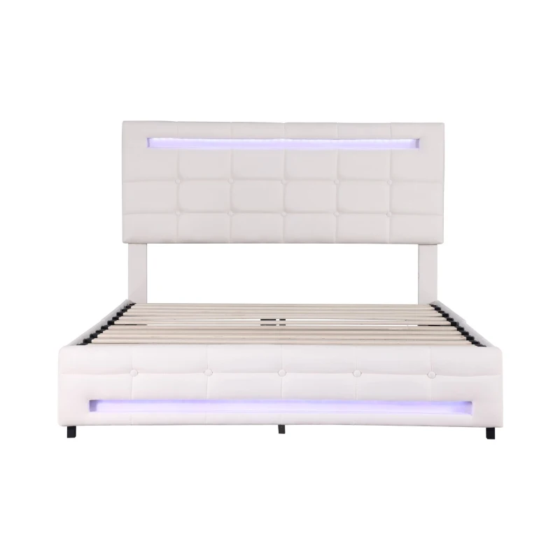 Double Bed Frame with Storage, Adjustable Headboard, Easy Assembly, 198.5L x 143W x 107.5H cm, Beige