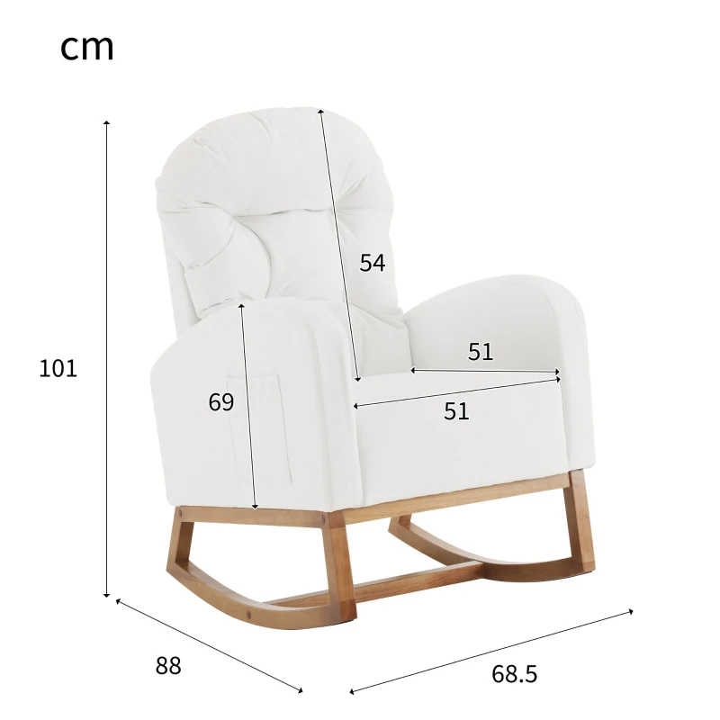 Fauteuil à bascule avec pieds en bois massif, fauteuil lounge pour salon, chambre et balcon, fauteuil rembourré avec mousse haute élasticité, 68,5 L x 88 l  x 101 Hcm, Blanc