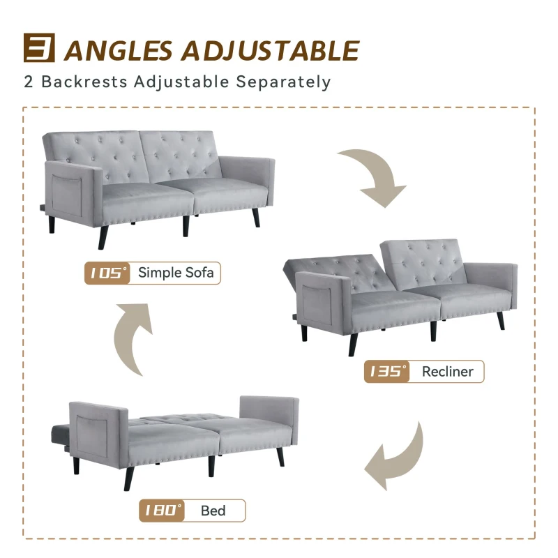 Adjustable Velvet Couch Bed with Storage Pockets, Removable Armrests, Button-Tufted 2 Seater Settee, 191L x 85W x 80H cm, Light Gray