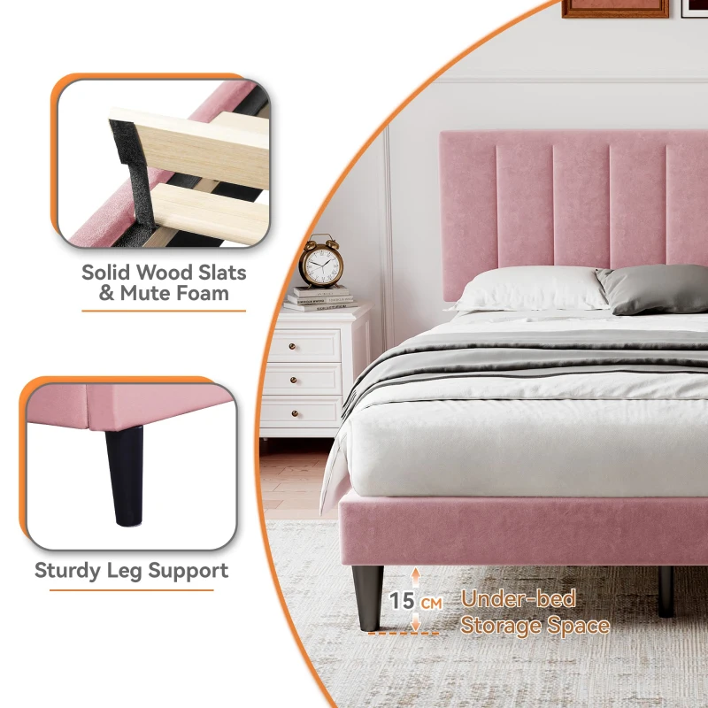 Double Upholstered Velvet Bedstead with Adjustable Tufted Headboard, Solid Wood Slats, Noise-Free Design, 194L x 140W x 110H cm, Pink