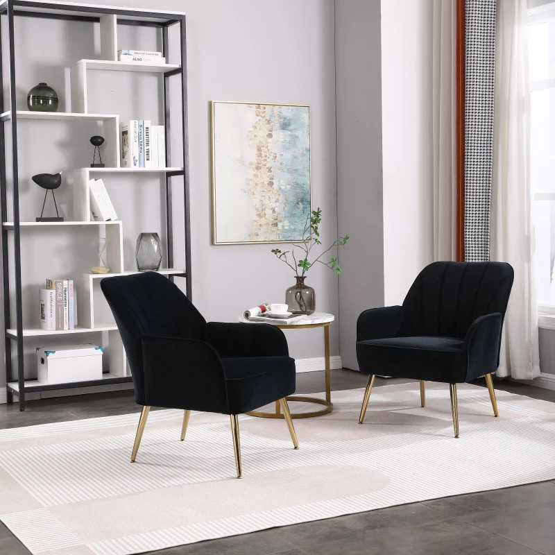 Freizeitstuhl mit Bezug in Samtoptik im 2er-Set, Ergonomisches Design, 64x72,8x77,9 cm, Schwarz