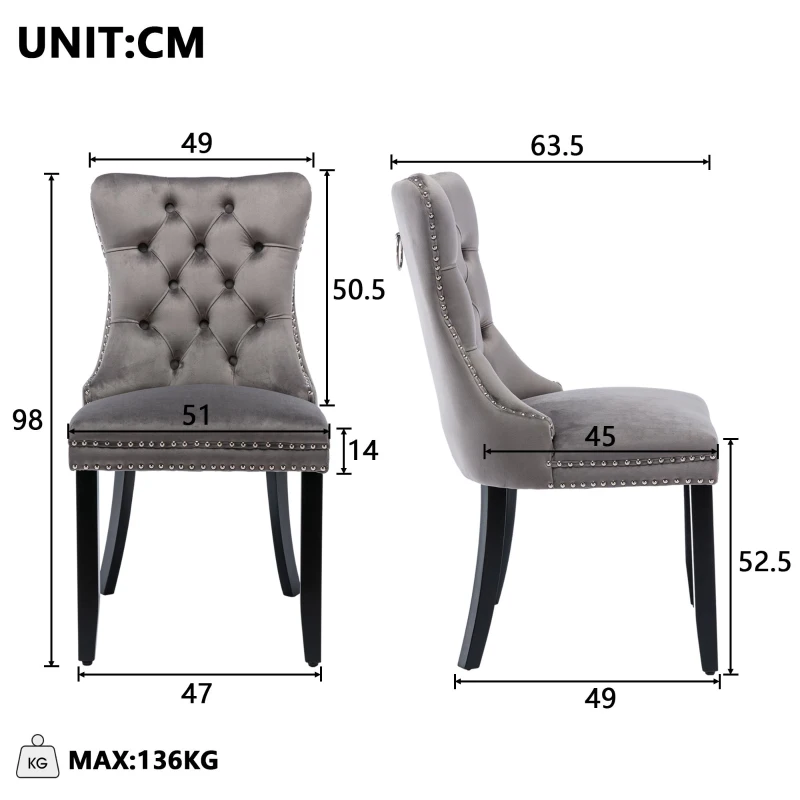 Set of 4 Modern Upholstered Velvet Dining Chairs with Solid Wood Legs and Tufted Backrest, 51L x 63.5W x 98H cm, Grey