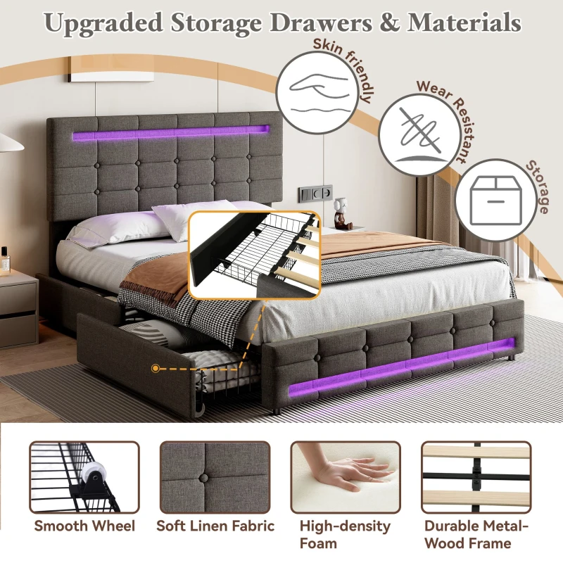 Double Upholstered Bed with LED Lighting and Storage Drawers, Adjustable Headboard, Easy Assembly, 198.5L x 143W x 107.5H cm, Grey