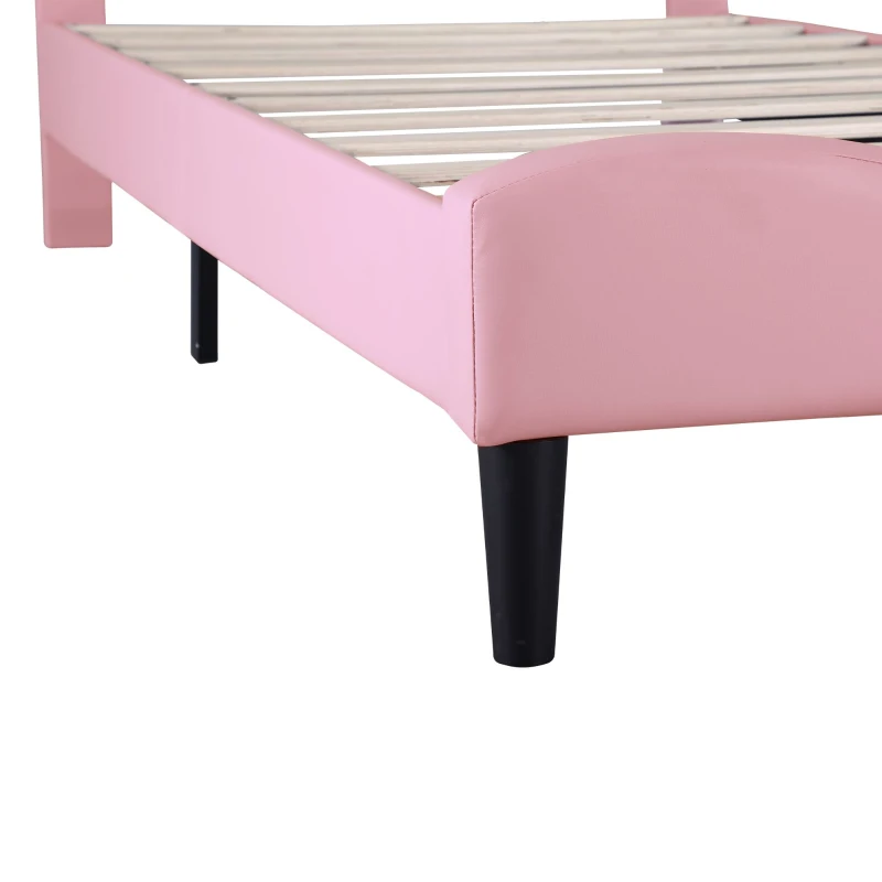 3FT Single Wood Bed with Adjustable Button-Tufted Headboard, Easy Assembly, Upholstered Bed for Kids, 199.5L x 92.0W x 109.5H cm, Beige+Pink