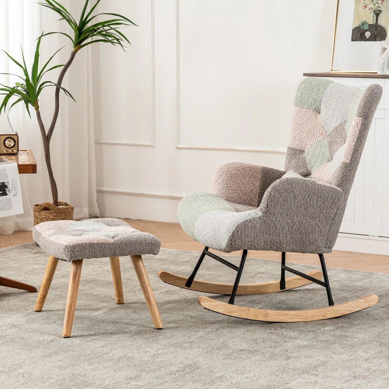 Schaukelstuhl mit Hocker, ergonomisch, Holzgestell, 91 cm hoch, Babyzimmer, Baby, Bunt