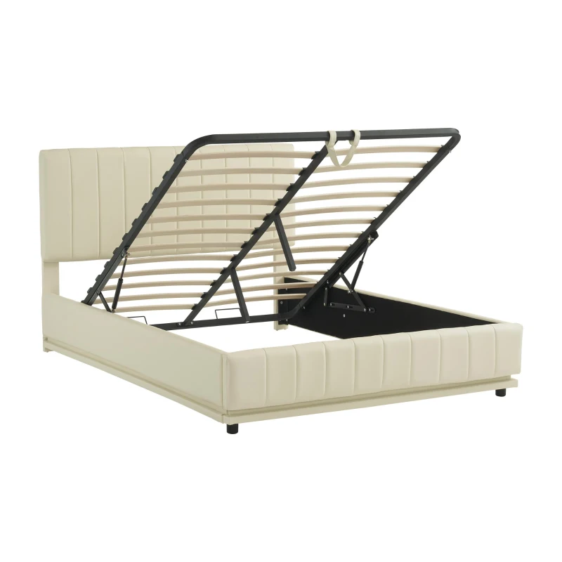 PU Leather Ottoman Bed Frame with LED Lighting, Hydraulic Storage and Channel Tufted Headboard, 201L x 147W x 114H cm, Beige