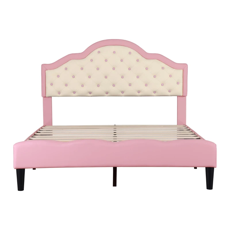 Button-Tufted High Headboard Bed with Solid Wood Slat, Pink Double Bed for Bedroom, Easy Assembly, 199.5L x 139W x 110H cm, Beige+Pink