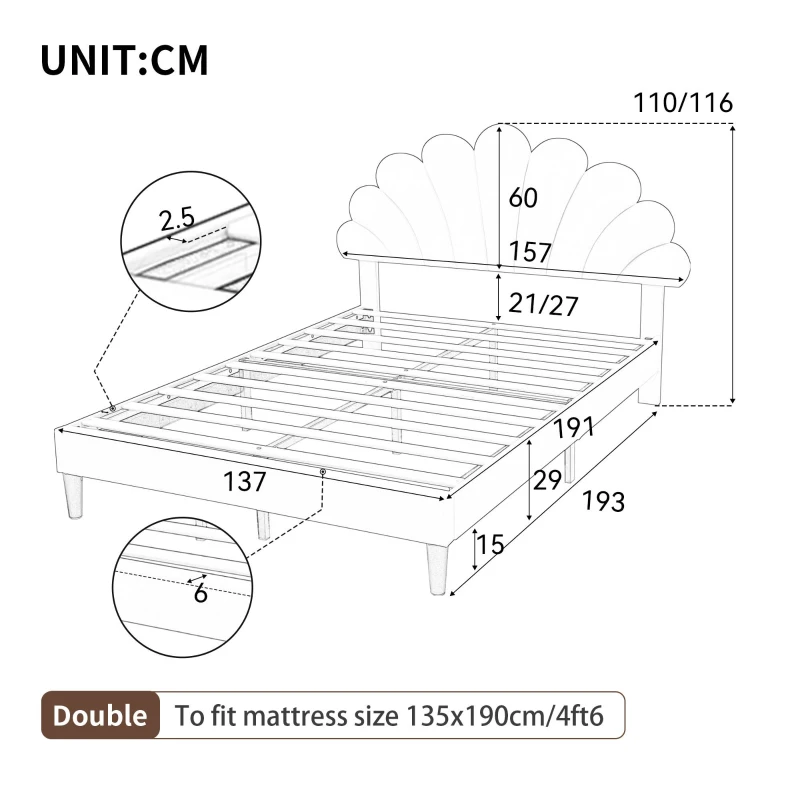 Double Upholstered Velvet Bed Frame with Adjustable Petal Headboard, Solid Wood Slat, No Box Spring Needed, Easy Assembly, Pink