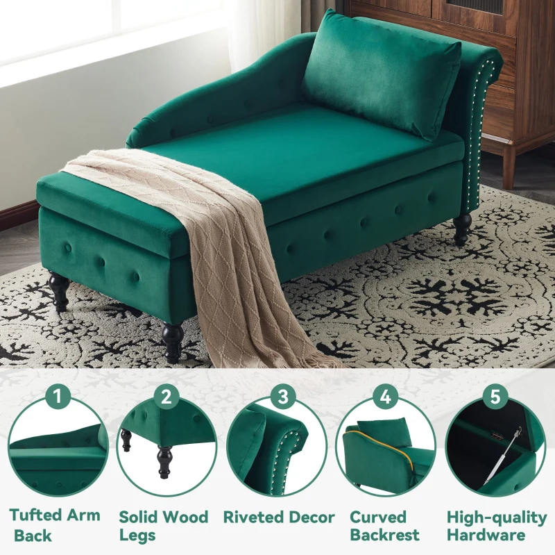Velvet Upholstered Lounger Sofa with Storage, Pillow, Nailhead-Trim, Button-Tufted Lounge Chair, 144L x 62W x 69H cm, Green