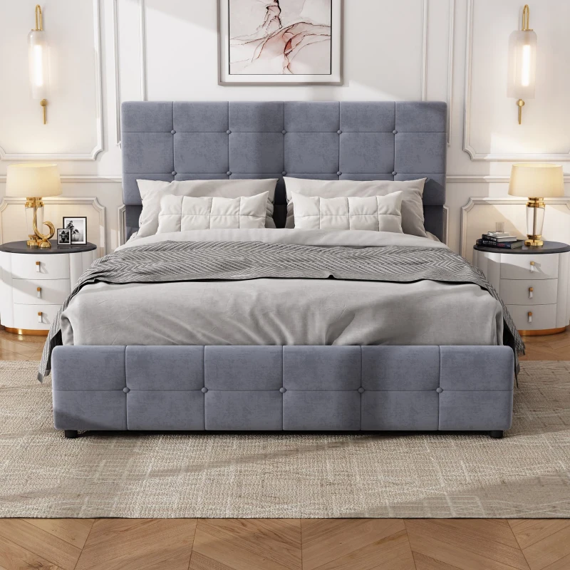 4FT6 Double Upholstered Bed with 4 Storage Drawers, Adjustable Tufted Headboard, Wooden Slat Support, 200L x 138W x 106H cm, Grey