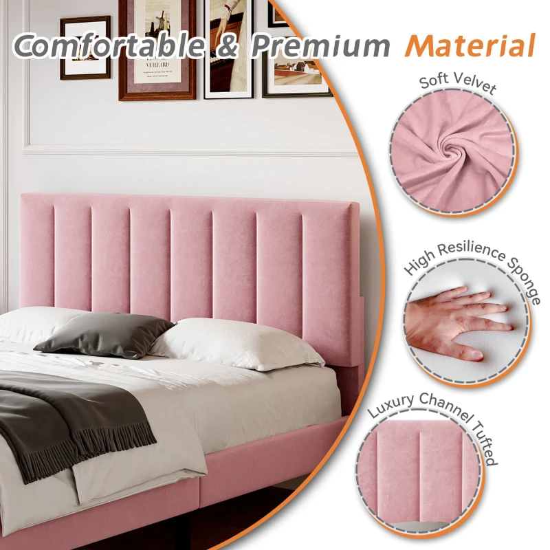 Double Upholstered Velvet Bedstead with Adjustable Tufted Headboard, Solid Wood Slats, Noise-Free Design, 194L x 140W x 110H cm, Pink