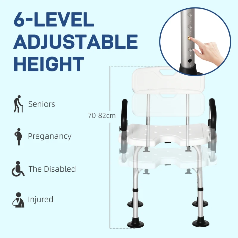 HOMCOM Height Adjustable Shower Stool for the Elderly and Disabled with Back, Shower Chair with Flipped Padded Arms and Suction Foot Pads, White