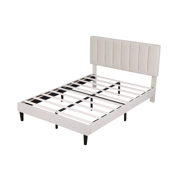 Double Upholstered Velvet Bed Frame with Adjustable Headboard, Solid Wood Slats, Noise-Free Design, 194L x 140W x 110H cm, Beige