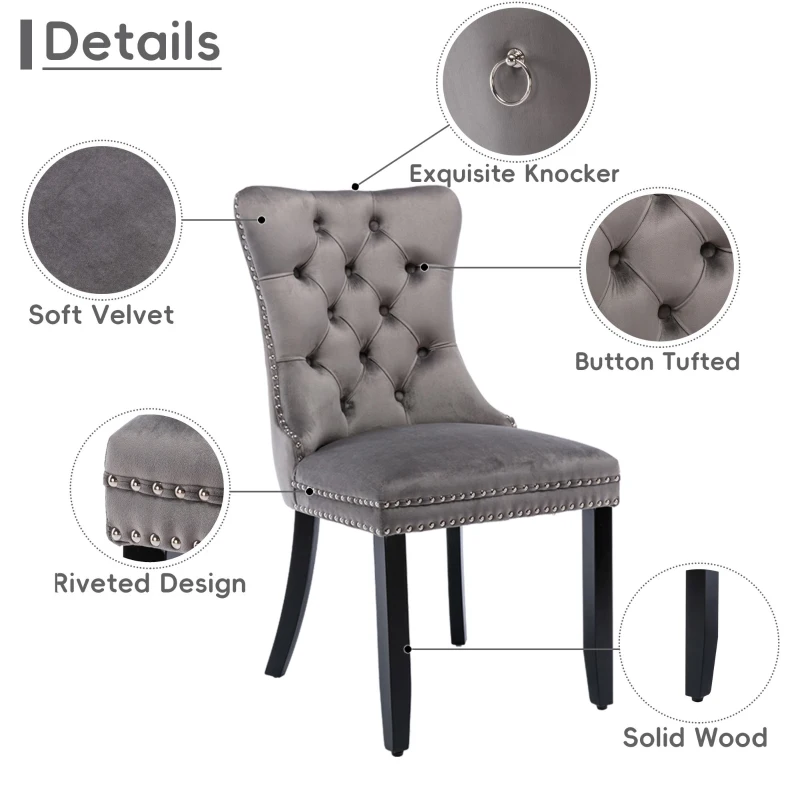 Modern Velvet Dining Chairs Set of 6 with Wooden Legs, Tufted Backrest, Accent Chairs for Dining Room, Living Room, 51L x 63.5W x 98H cm, Grey