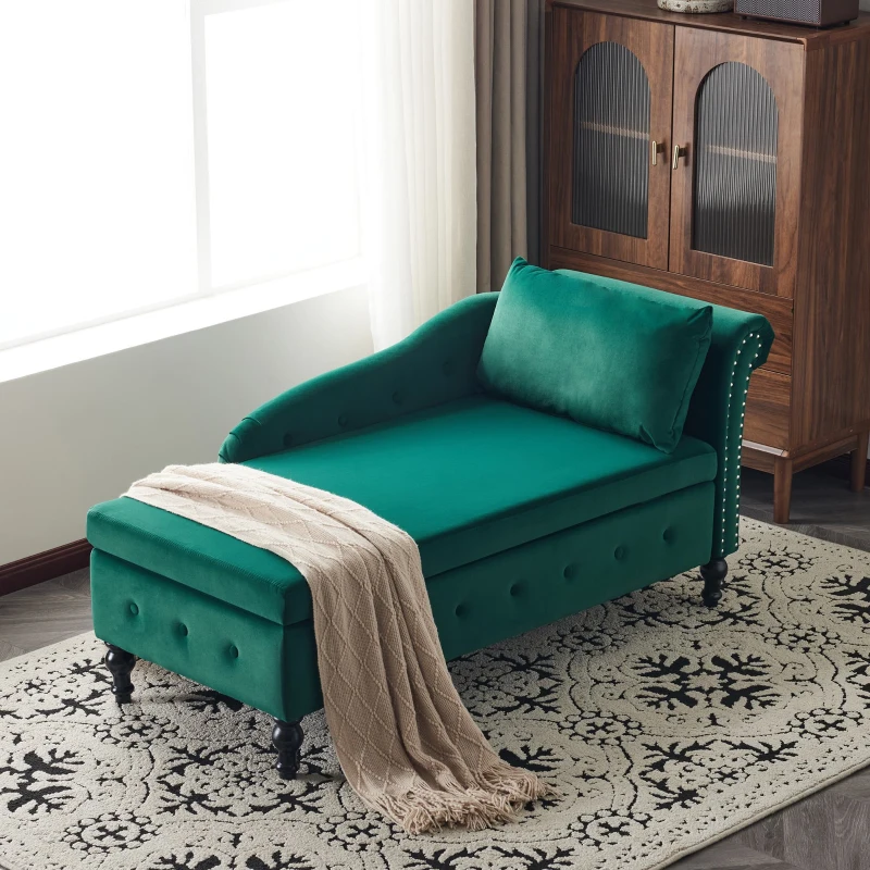 Velvet Upholstered Lounger Sofa with Storage, Pillow, Nailhead-Trim, Button-Tufted Lounge Chair, 144L x 62W x 69H cm, Green