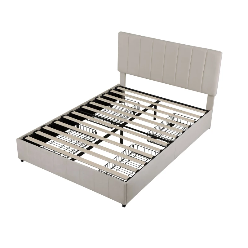 Velvet Double Upholstered Bed with 4 Storage Drawers and Adjustable Channel Tufted Headboard, Easy Assembly, 196L x 143W x 108H cm, Beige