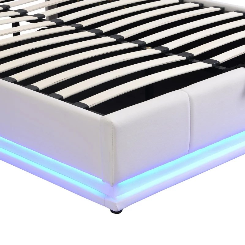 4FT6 Double Ottoman Lift Storage Upholstered Bed Frame with LED Lighting, Gas Lift Storage, 195L x 139W x 113H cm, White