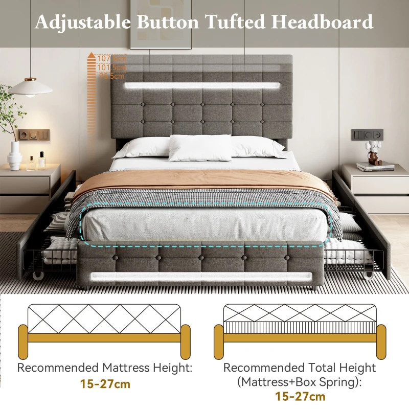 Double Upholstered Bed with LED Lighting and Storage Drawers, Adjustable Headboard, Easy Assembly, 198.5L x 143W x 107.5H cm, Grey