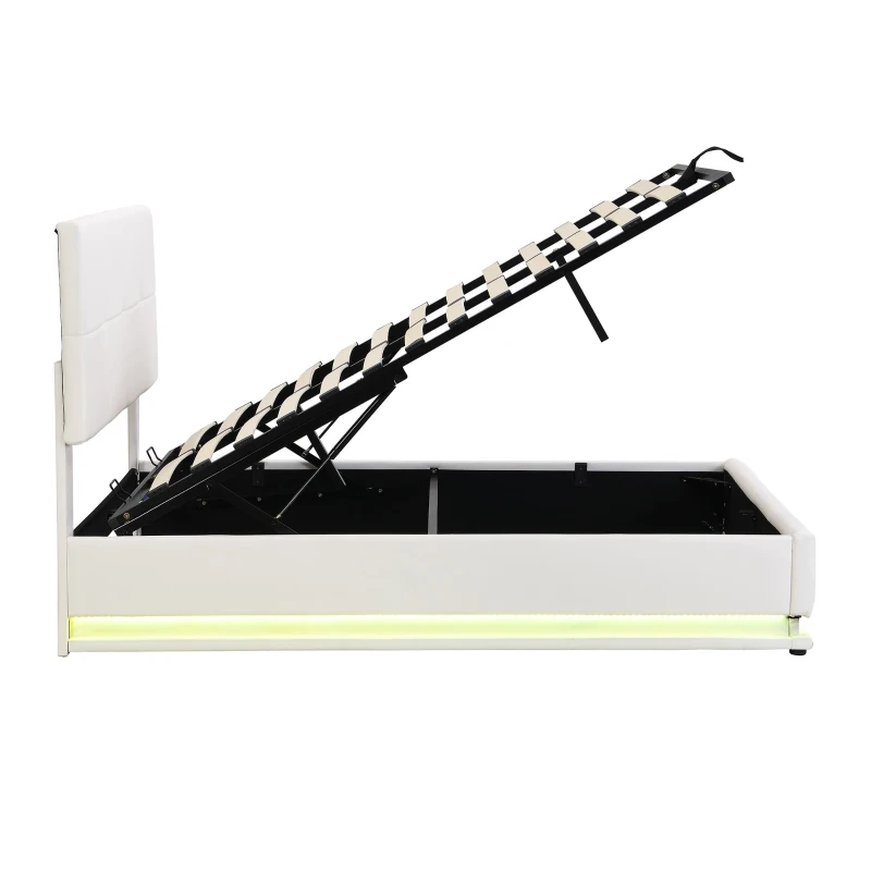 4FT6 Double Ottoman Lift Storage Upholstered Bed Frame with LED Lighting, Gas Lift Storage, 195L x 139W x 113H cm, White