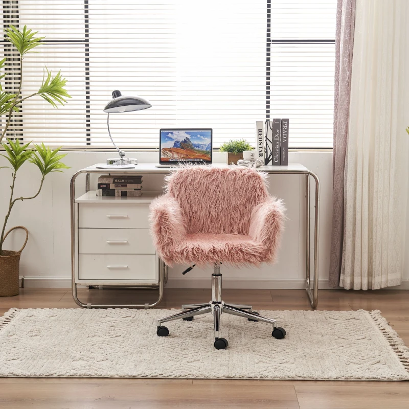 Chaise de relaxation réglable avec fonction pivotante, coussin en fausse fourrure résistant à l'usure ,  Rose