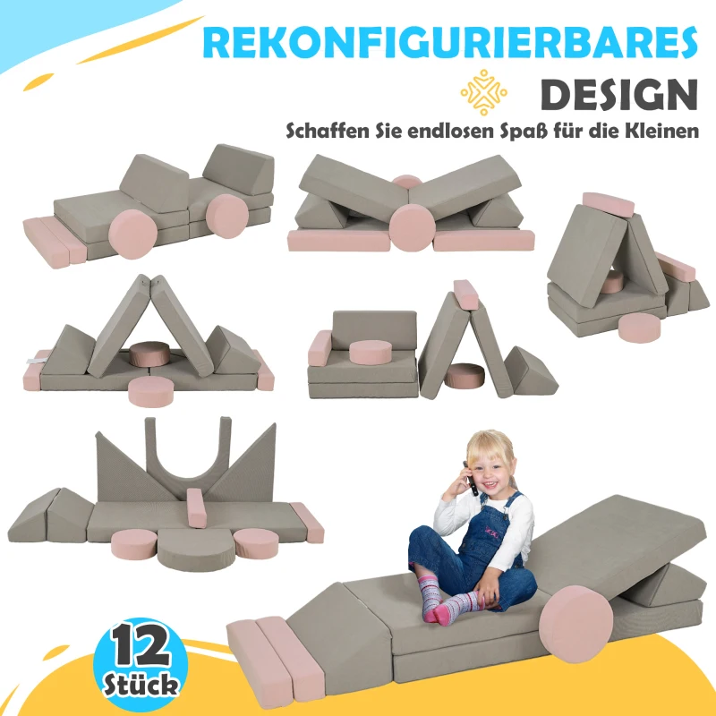 AIYAPLAY Modułowa sofa dla dzieci, 12 miękkich bloków w 6 kształtach, pokrowce do prania, szary/różowy