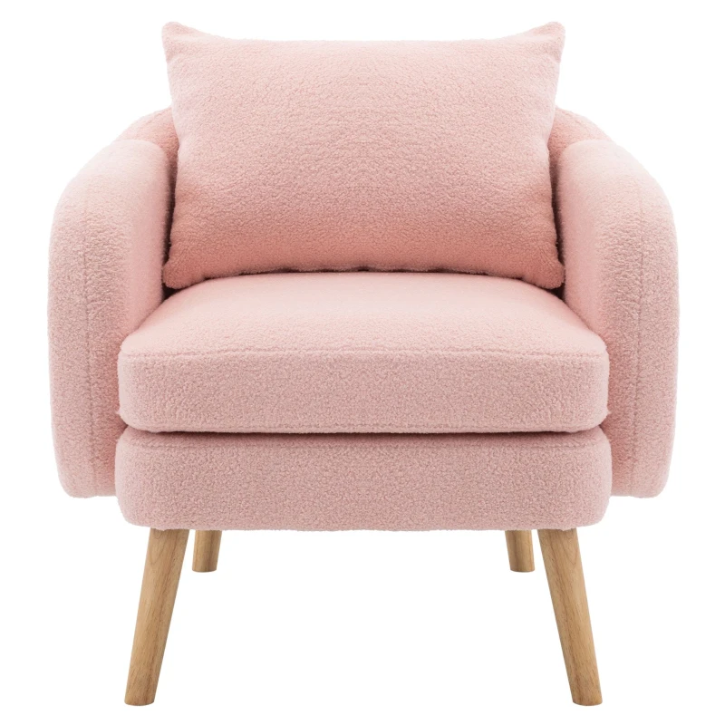 Teddy Velvet Armchair with Extra Thick Cushion, Solid Wood Legs, Modern Cozy Lounge Chair for Living Room, 72L x 71W x 79H cm, Pink