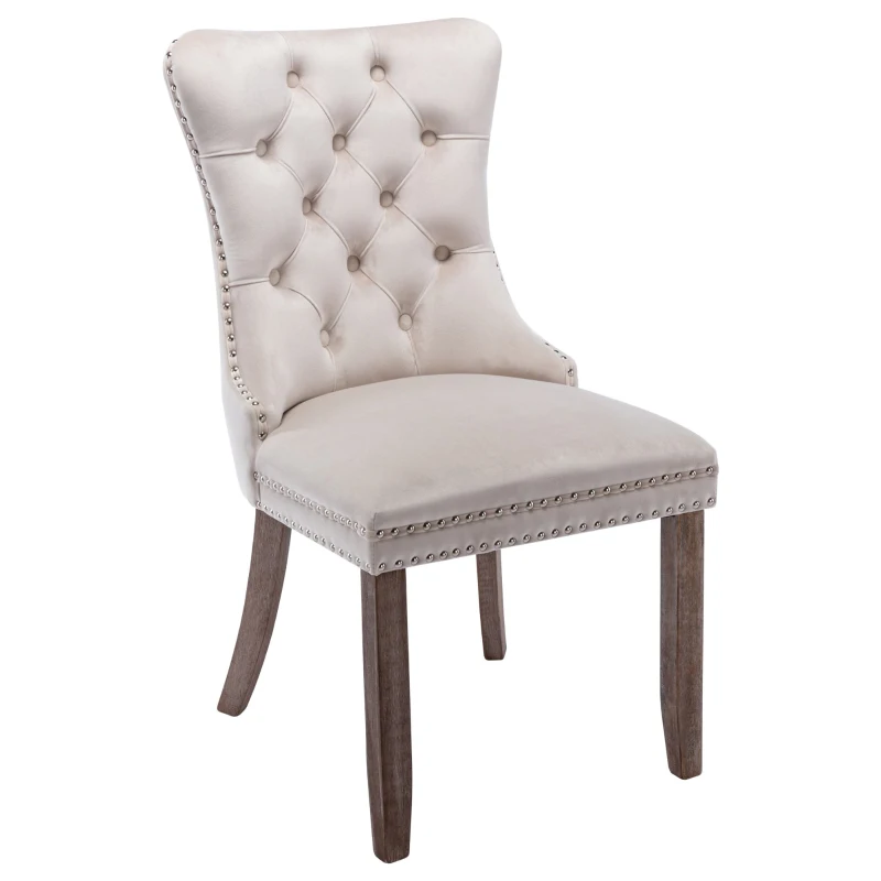 Set of 4 Velvet Upholstered Dining Chairs with High Back and Brushed Wood Legs, Tufted Kitchen Lounge Chairs, 51L x 63.5W x 98H cm, Beige