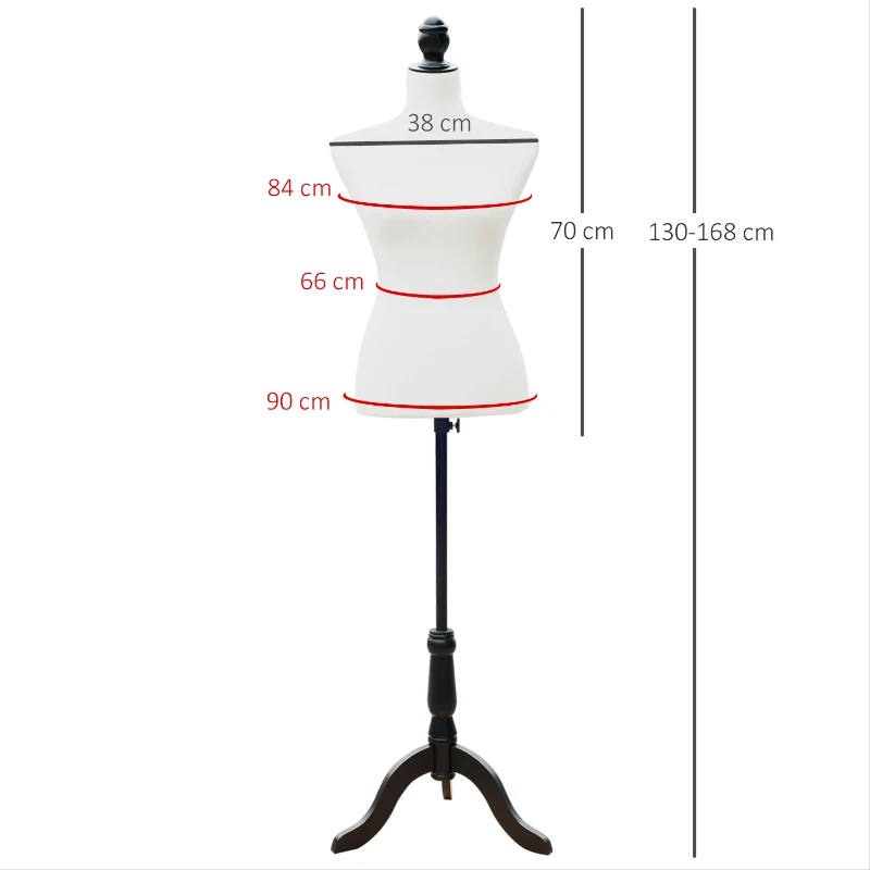 HOMCOM Manequim de Costura Feminino Manequim de Costura Ajustável a 130-168 cm com Tripé de Madeira Branco